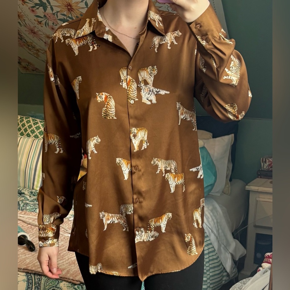 Brown Tiger Print Button-Up Shirt